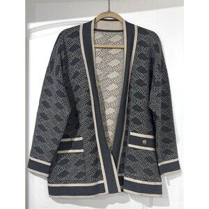 Sandro Cardigan Medium (FR 2) Knit Open Front Monogram Gray Beige Sweater